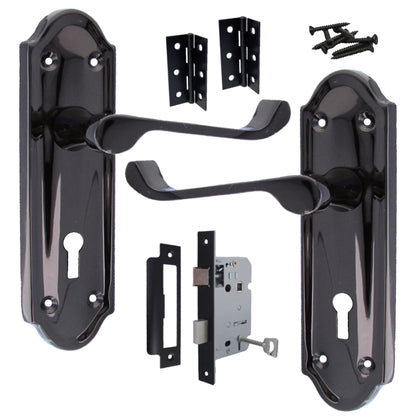Marketplace JPG companion for Ashford Door Handle Key Lock Scroll Lever - Black Nickel Key Lock Hinge Pack