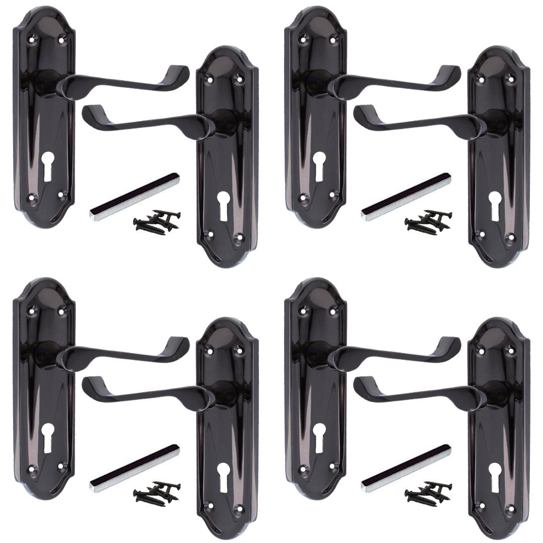 Poignées de porte Ashford multipack, serrure à clé, levier à défilement, nickel noir, 1/4/6 paires
