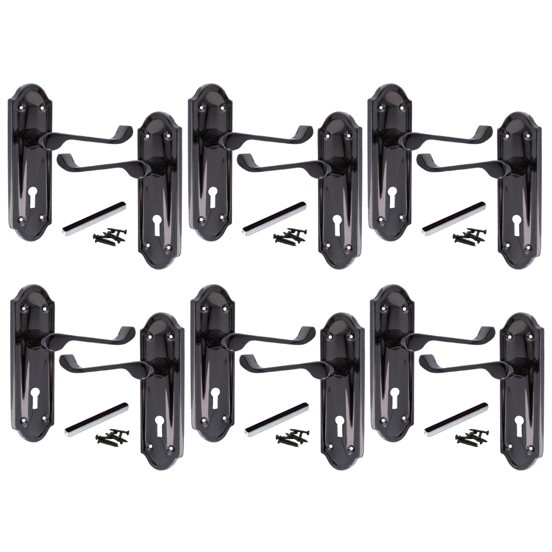 Poignées de porte Ashford multipack, serrure à clé, levier à défilement, nickel noir, 1/4/6 paires