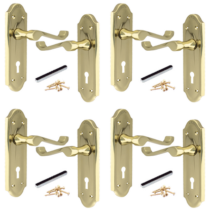 Poignées de porte Ashford multipack, serrure à clé, levier à défilement, laiton, 1/4/6 paires