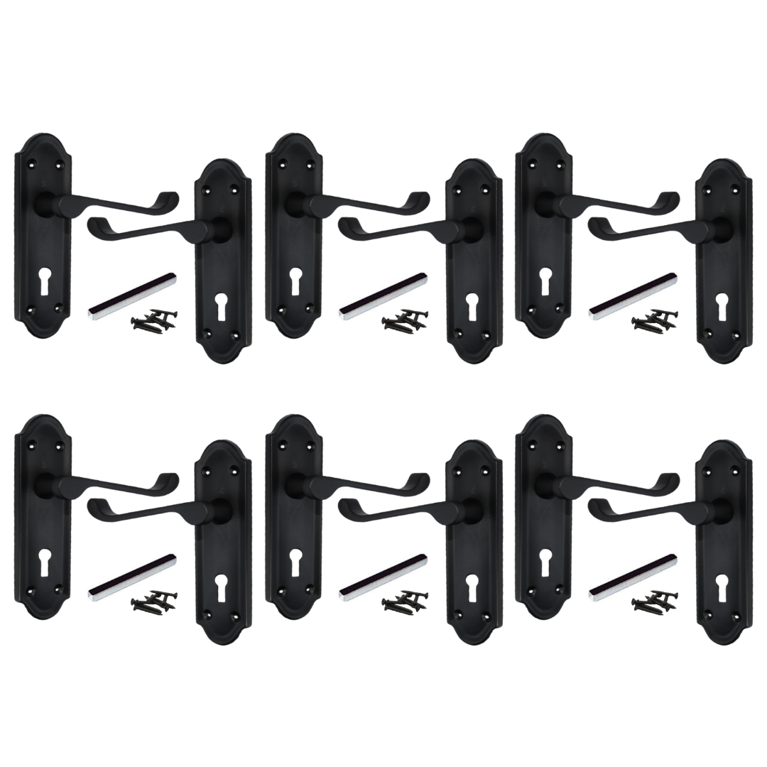 Poignées de porte Ashford multipack, serrure à clé, levier à défilement, noir mat, 1/4/6 paires