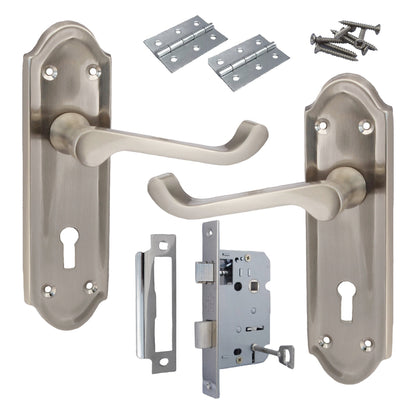 Marketplace JPG companion for Ashford Door Handle Key Lock Scroll Lever - Satin Key Lock Hinge Pack