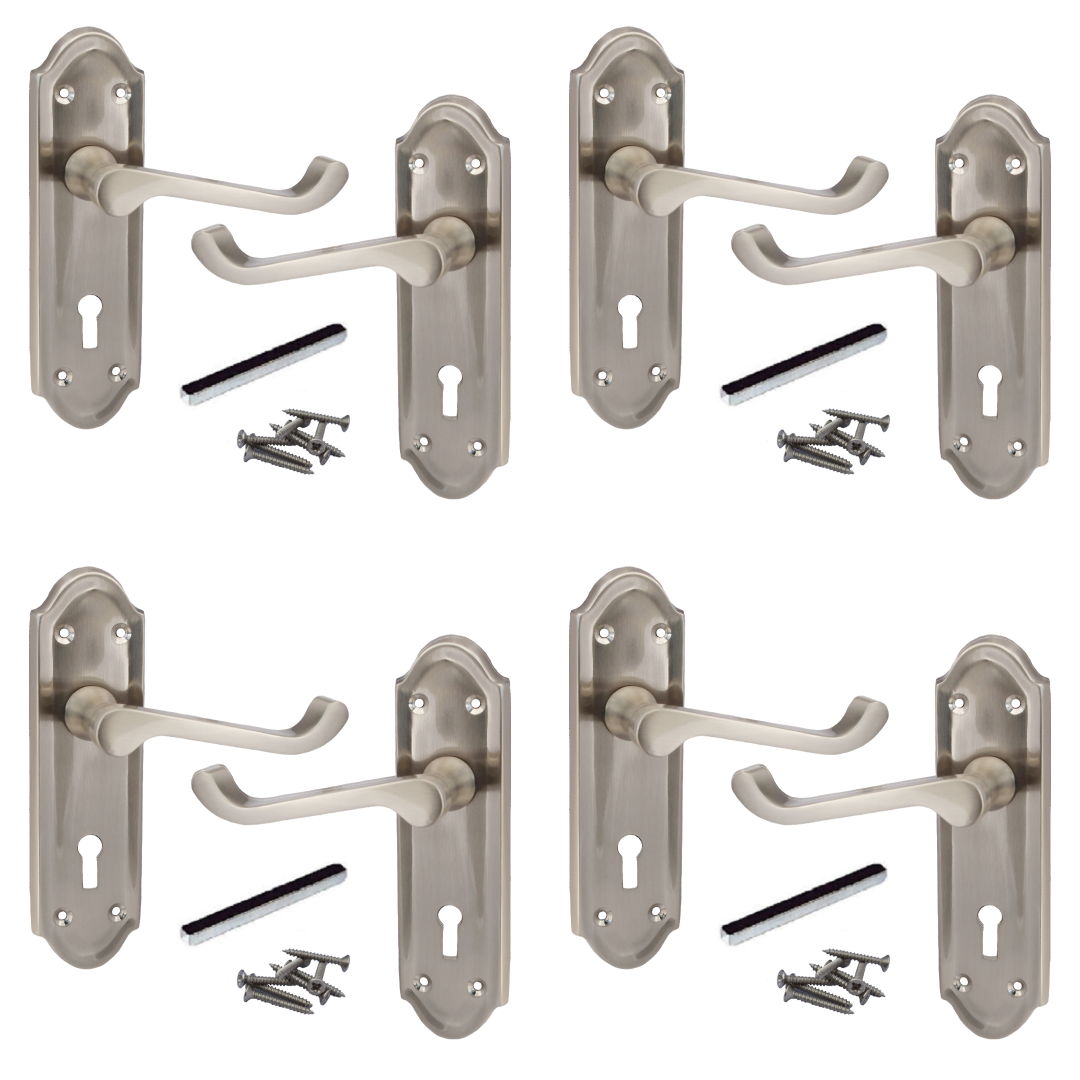 Poignées de porte Ashford multipack, serrure à clé, levier à défilement, satin, 1/4/6 paires