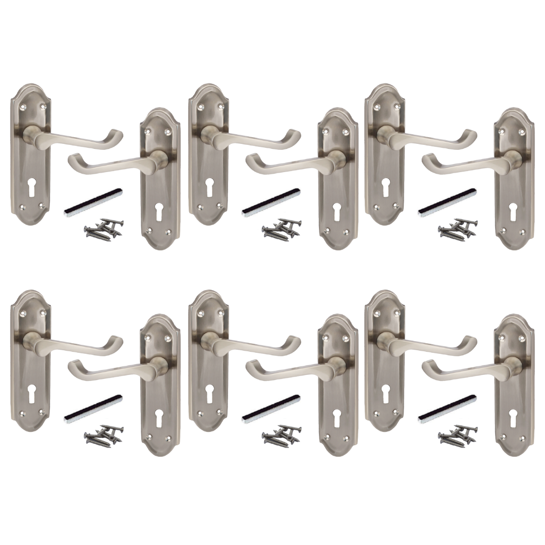 Poignées de porte Ashford multipack, serrure à clé, levier à défilement, satin, 1/4/6 paires