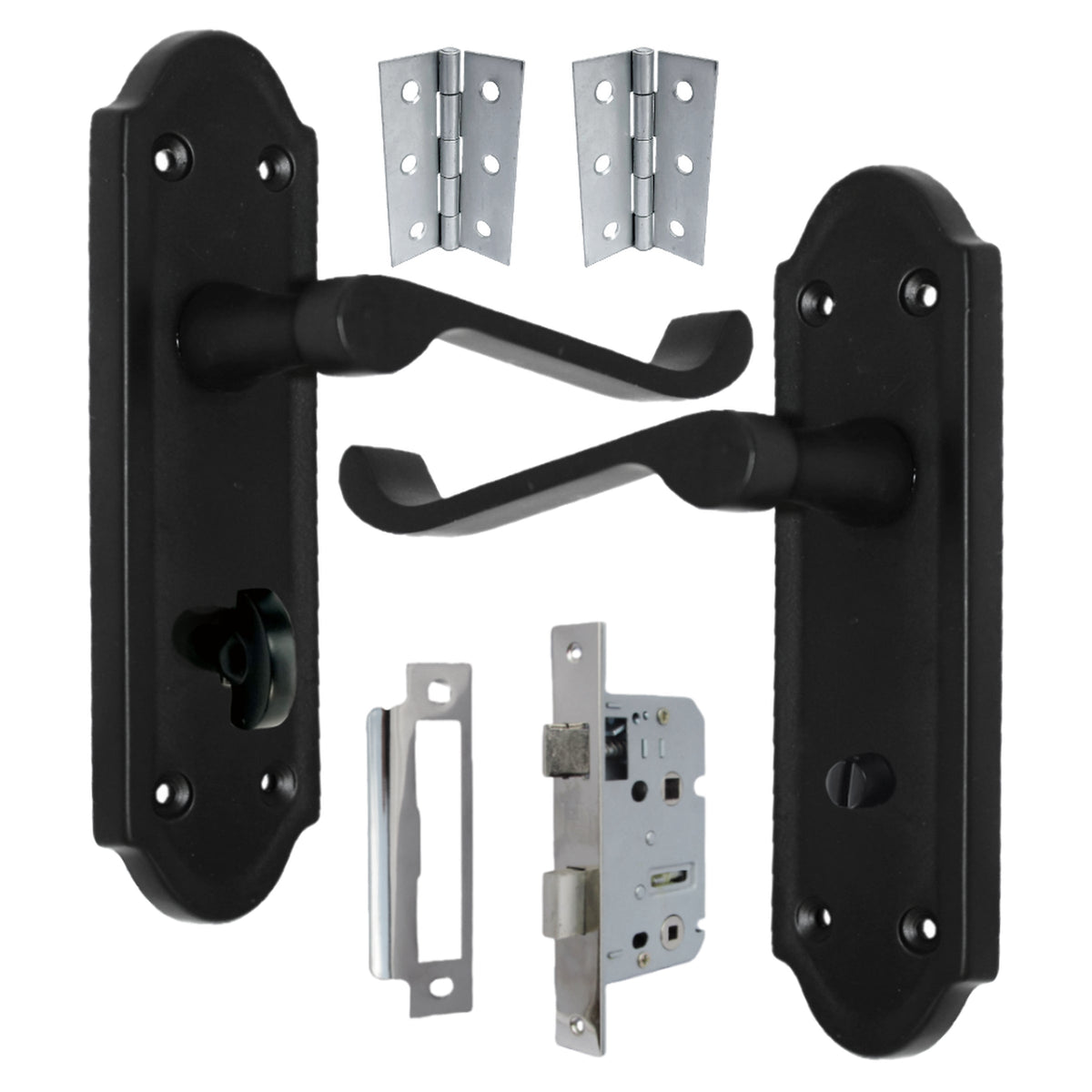 Marketplace JPG companion for Ashford Door Handle Bathroom Lock Scroll Lever - Matt Black Chrome Bath Pack Hinges