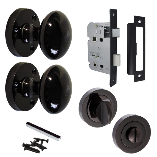 Door Knobs Round Victorian Mortice Knob Sprung - Black Nickel Thumbturn Lock Pack 56mm