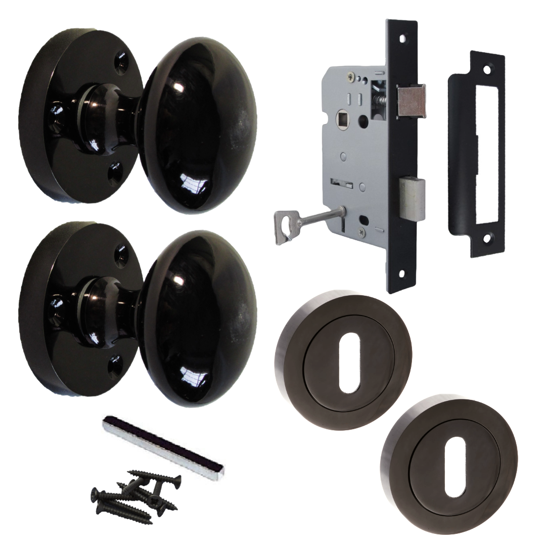 Boutons de porte ronds victoriens à mortaise à ressort - Serrure à clé en nickel noir 56 mm