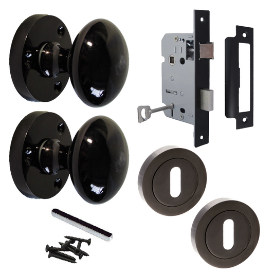 Door Knobs Round Victorian Mortice Knob Sprung - Black Nickel Escutcheon Key Lock Pack 56mm
