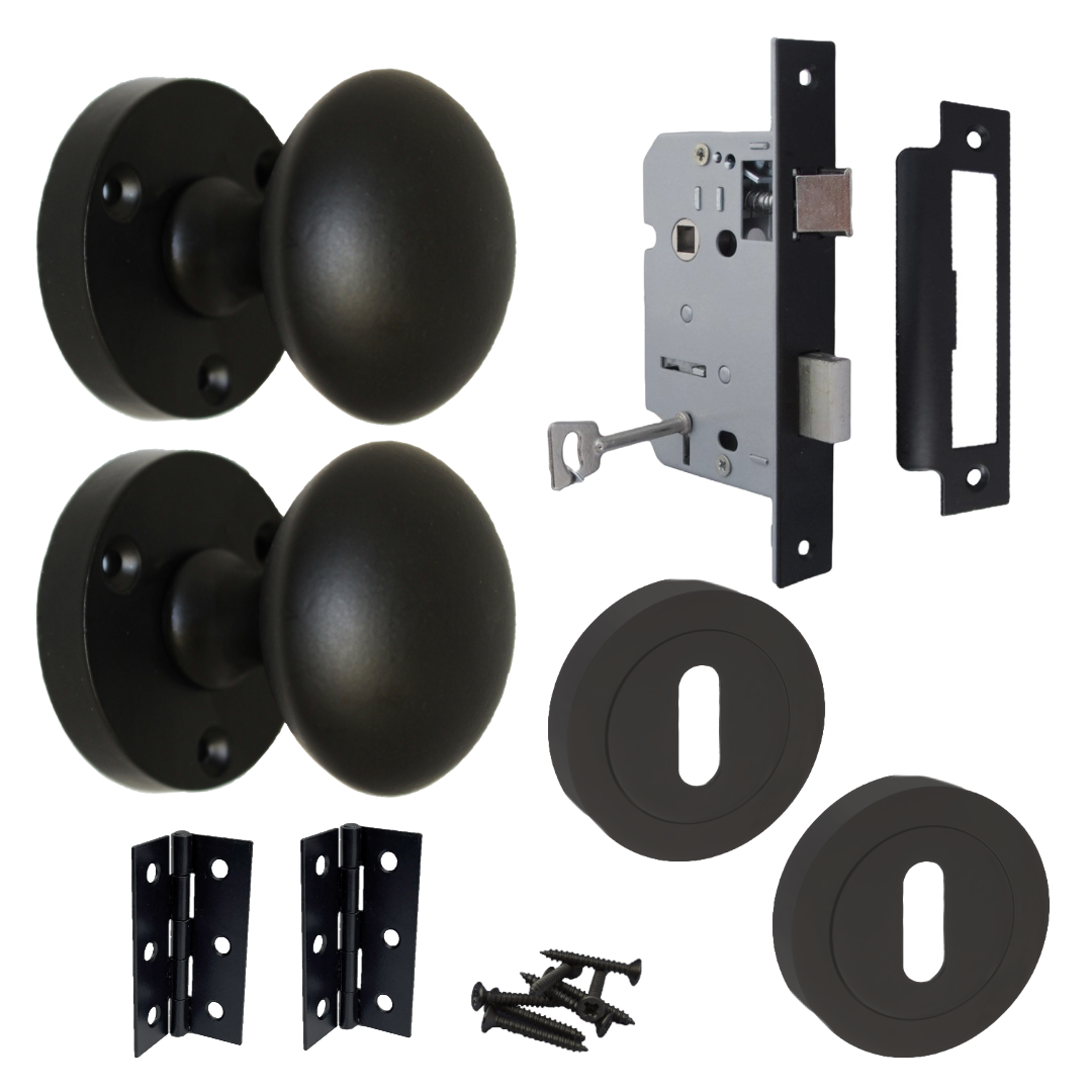 Door Knobs Round Victorian Mortice Knob Sprung - Matt Black Escutcheon Key Lock Pack 56mm