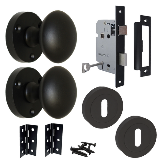 Door Knobs Round Victorian Mortice Knob Sprung - Matt Black Escutcheon Key Lock Pack 56mm