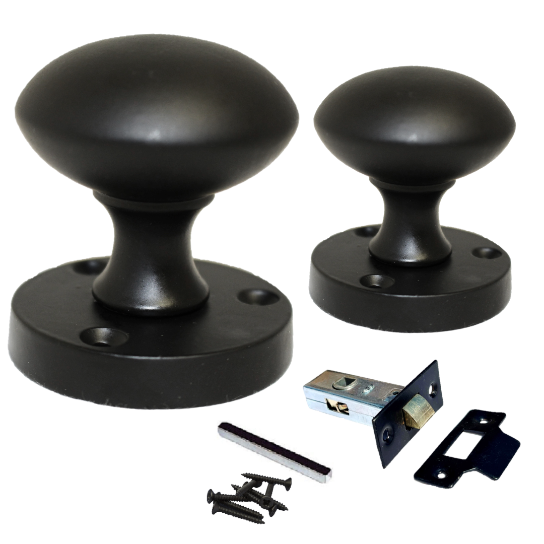 Door Knobs Round Victorian Mortice Knob Sprung - Matt Black Latch Pack 56mm
