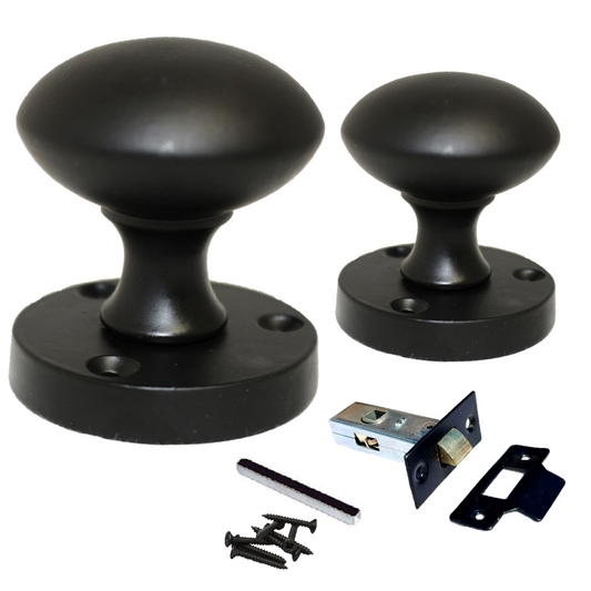 Door Knobs Round Victorian Mortice Knob Sprung - Matt Black Latch Pack 56mm