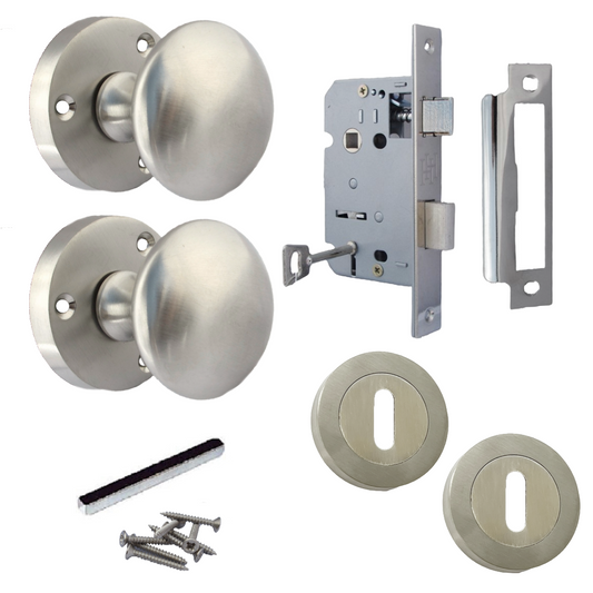 Door Knobs Round Victorian Mortice Knob Sprung - Satin Escutcheon Key Lock 56mm