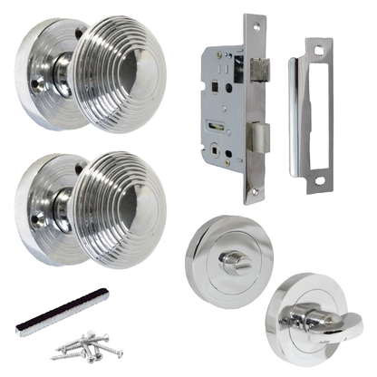Boutons de porte à mortaise ronds cannelés - Serrure à bouton de salle de bain chromée 56 mm