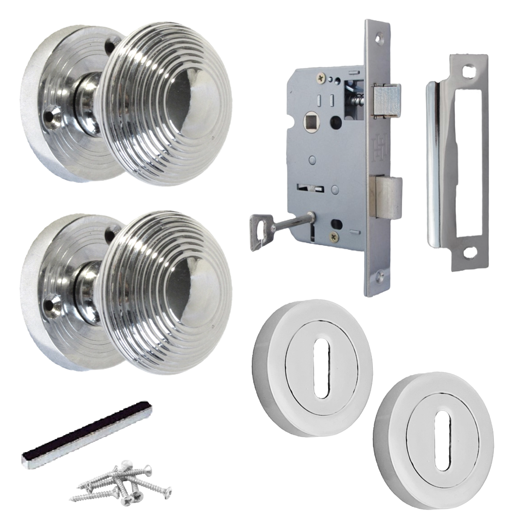 Boutons de porte ronds cannelés à mortaise - Serrure à clé chromée 56 mm