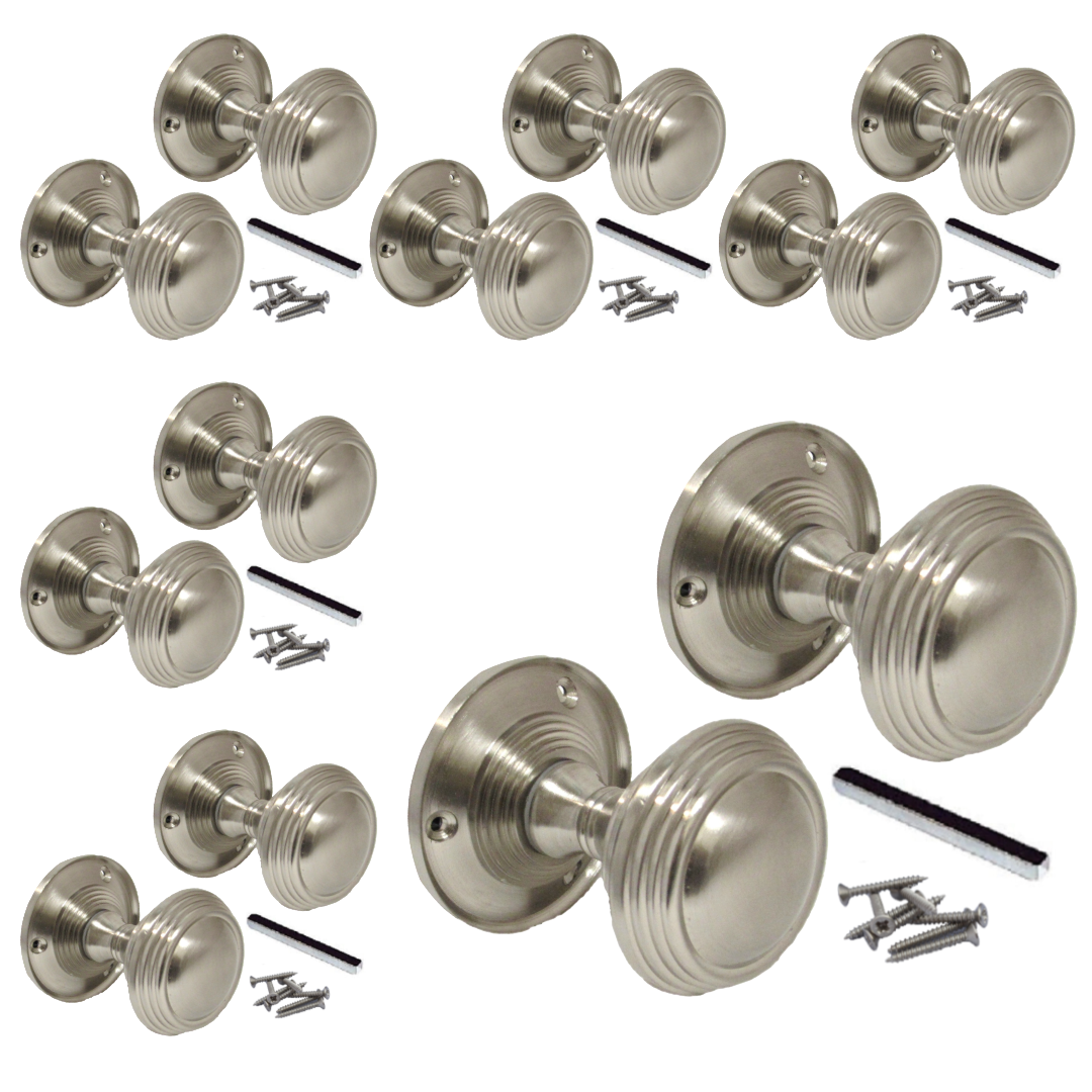 Lot de 1/4/6 paires de boutons de porte cannelés en laiton massif satiné Queen Anne
