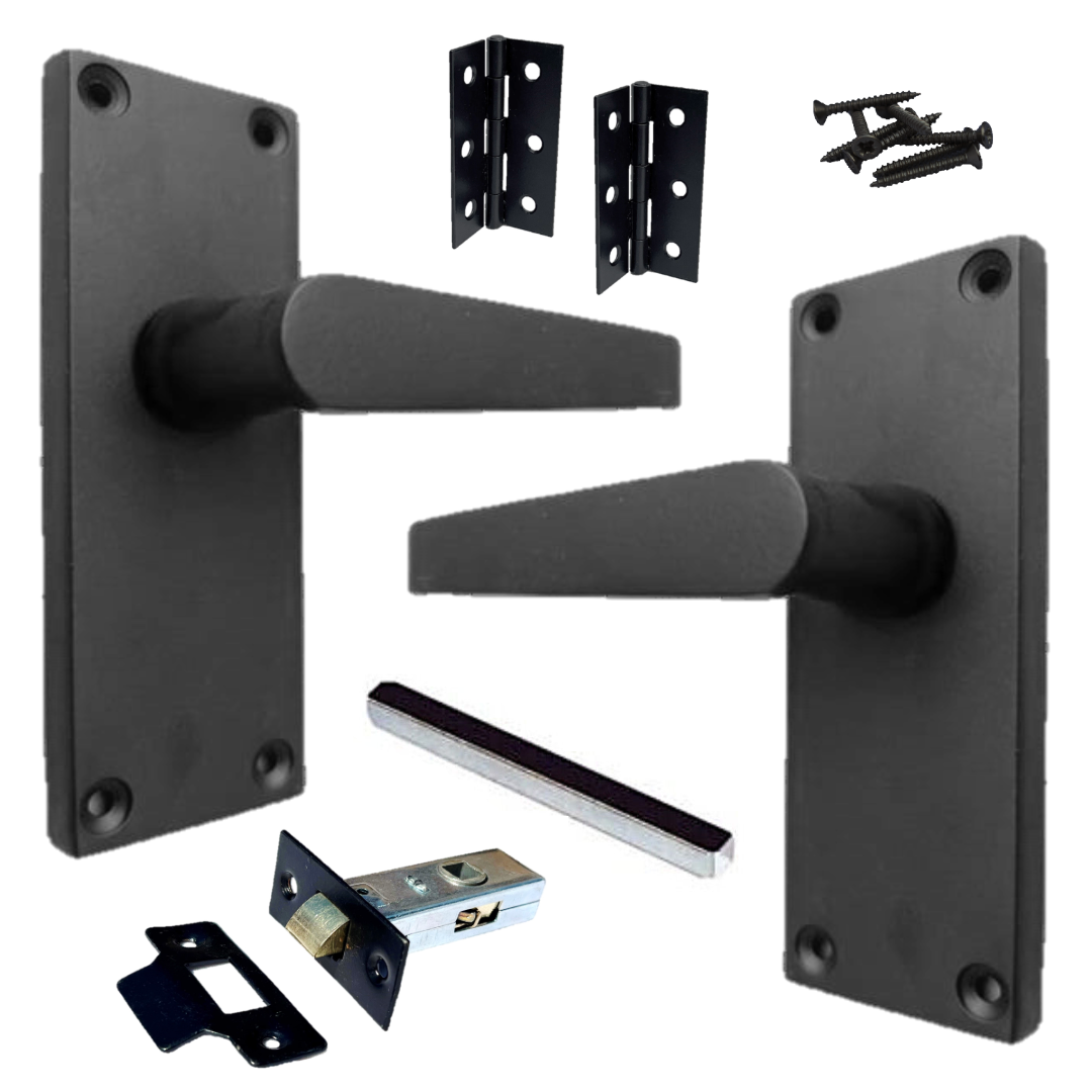 Door Handles Victorian Straight Lever Matt Black Hinges & Latch Pack Set 120 x 42mm