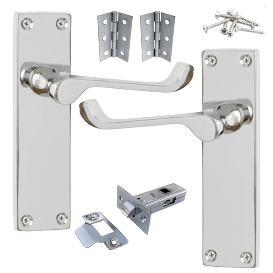 Door Handles Victorian Scroll Lever Latch - Chrome Pack Hinges 150 x 40mm