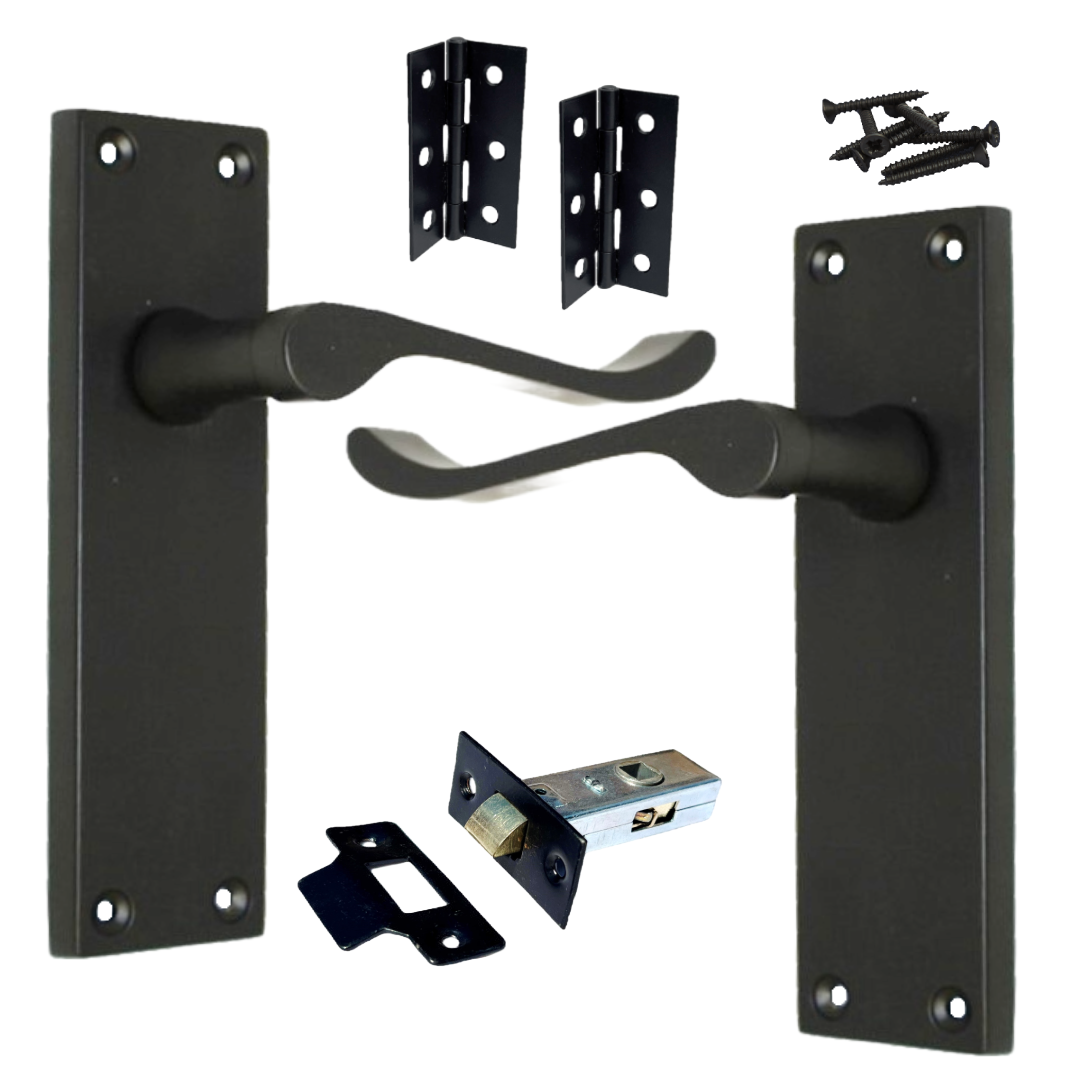 Poignées de porte victoriennes à levier et loquet à volutes - Noir mat, pack de charnières 150 x 40 mm