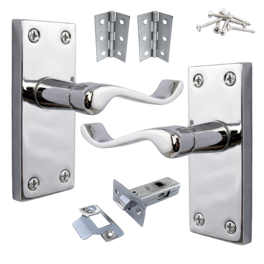 Door Handles Victorian Scroll Lever Latch - Chrome Pack Hinges 118 x 40mm