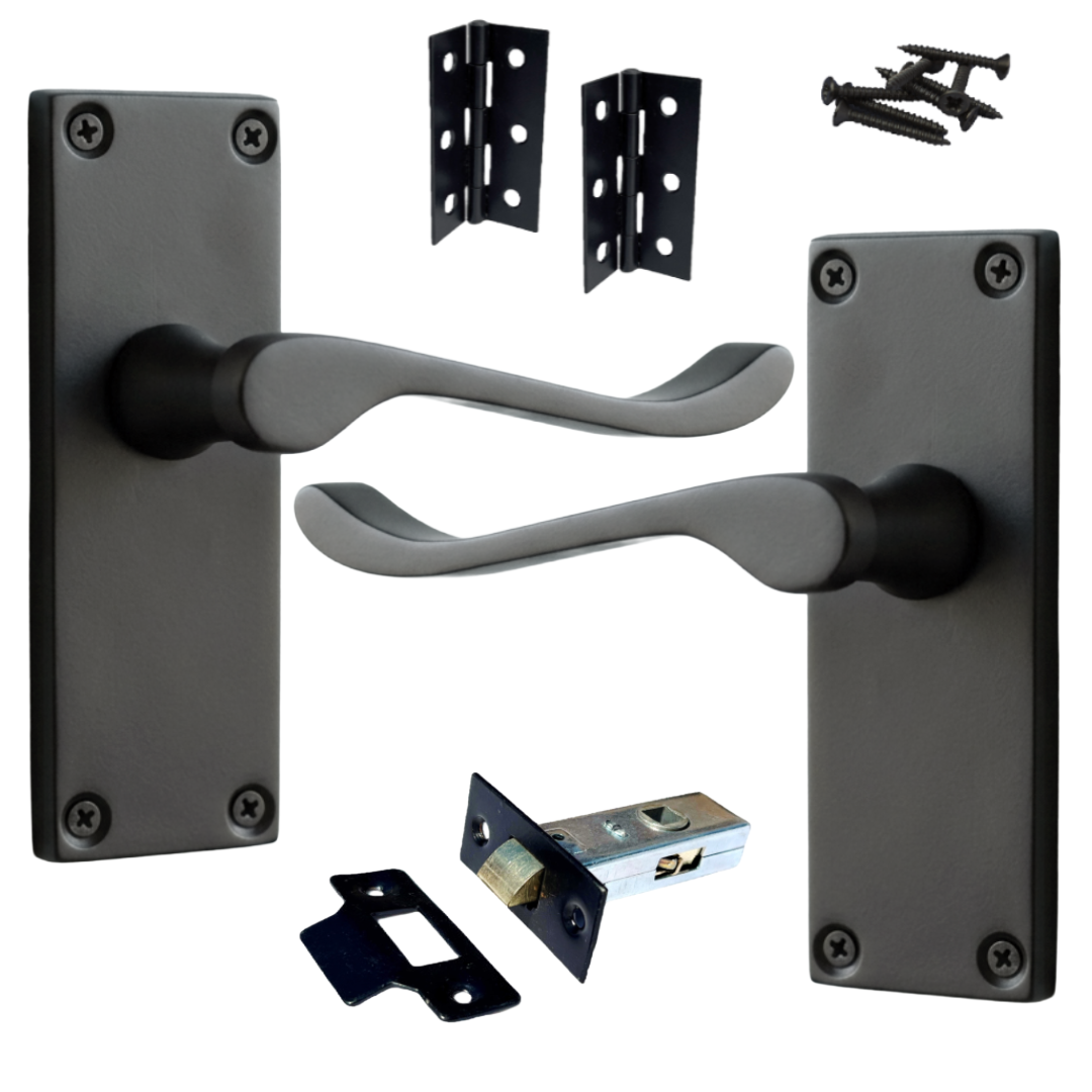 Poignées de porte à levier à défilement et loquet interne - Charnières noires mates 118 x 40 mm