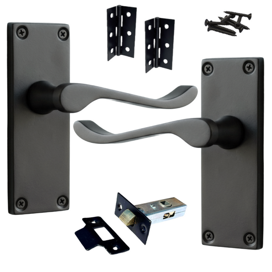 Door Handles Scroll Lever Internal Latch - Matt Black Pack Hinges 118 x 40mm