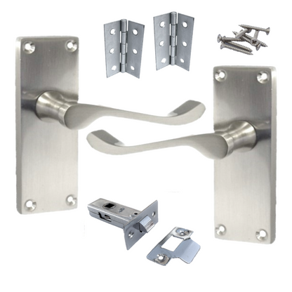 Poignées de porte à levier à défilement et loquet interne - Charnières satinées 118 x 40 mm