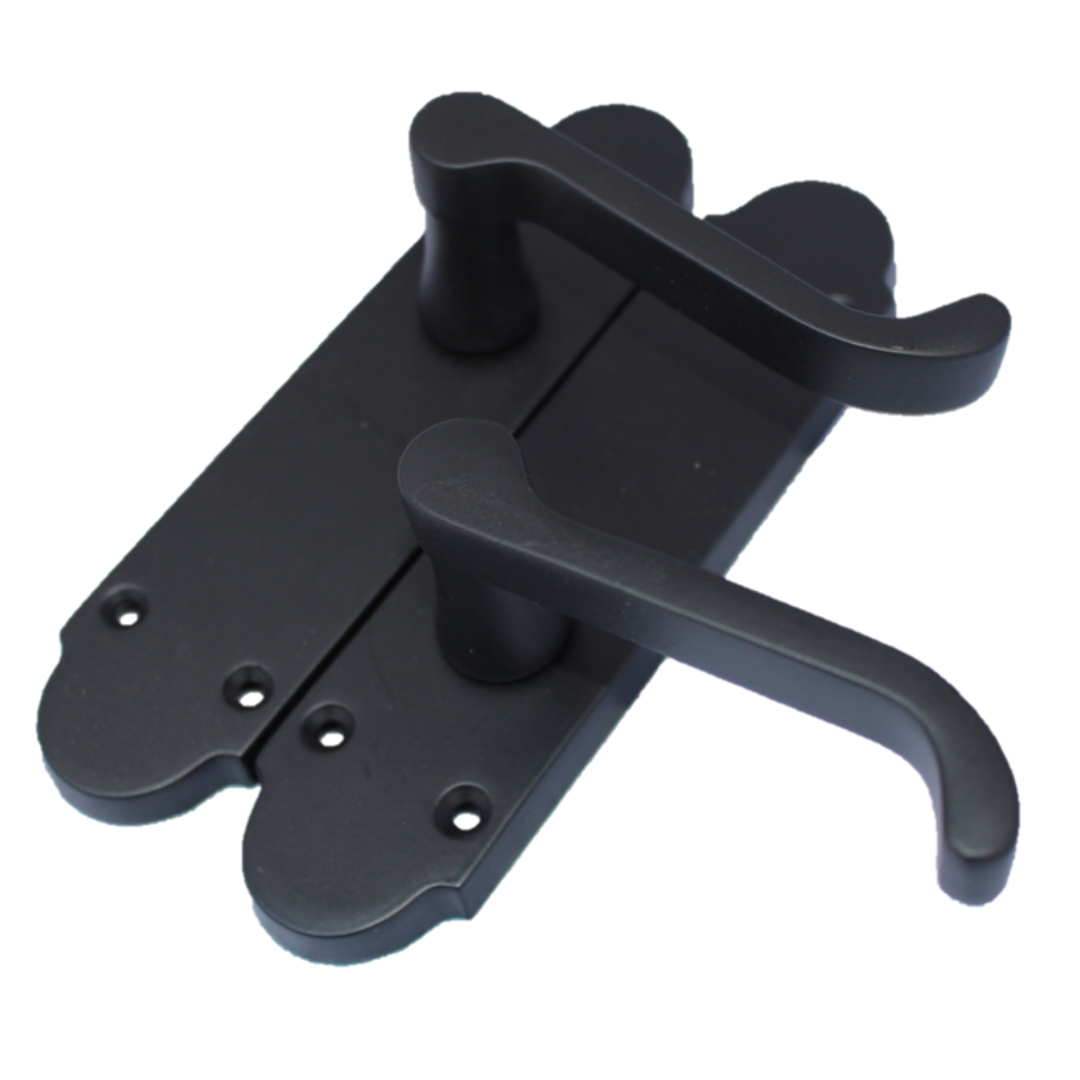 Epsom Door Handle Latch Victorian Scroll Lever - Matt Black Pack Hinges