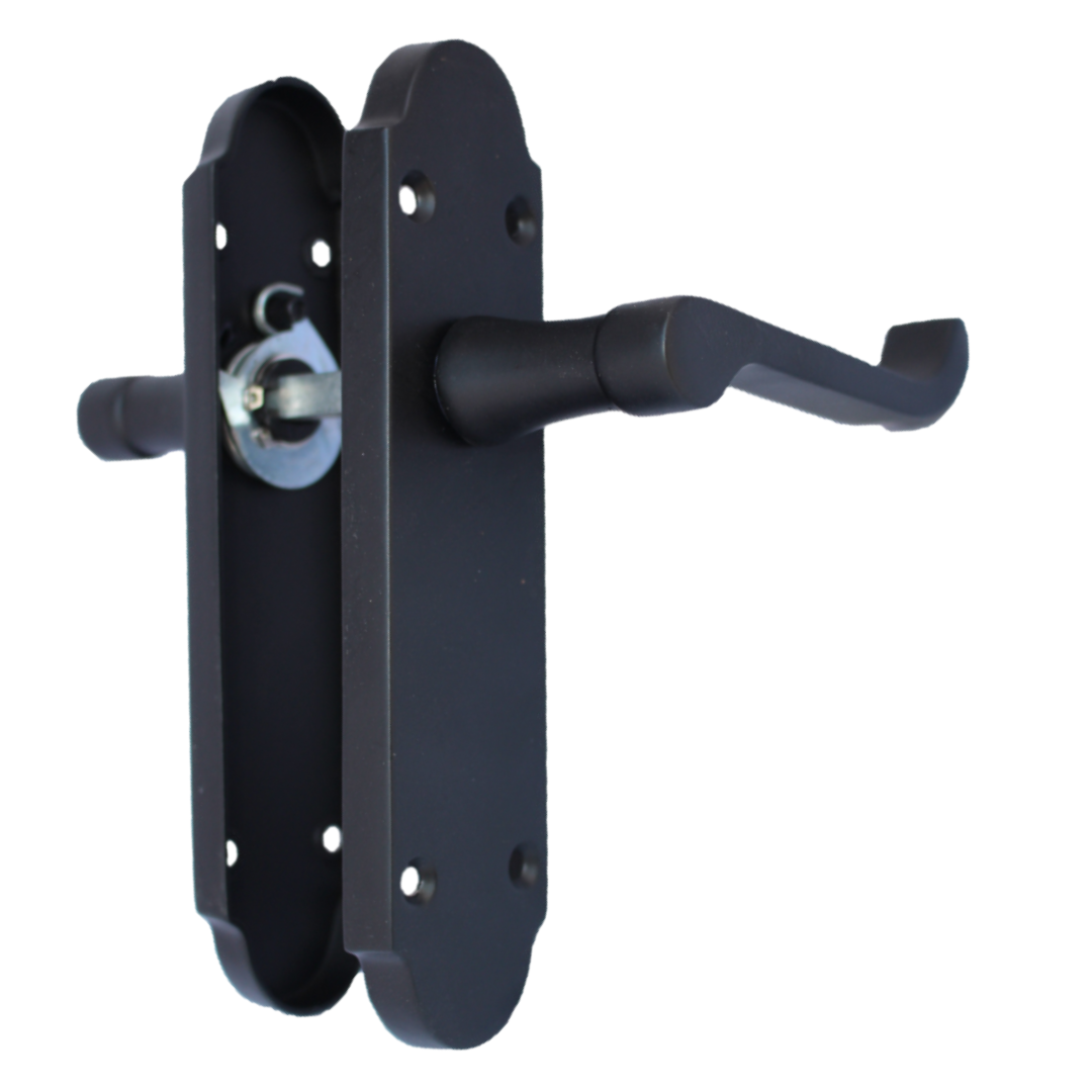 Epsom Door Handle Latch Victorian Scroll Lever - Matt Black Pack Hinges