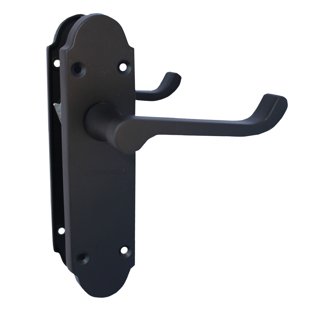 Epsom Door Handle Latch Victorian Scroll Lever - Matt Black Pack Hinges