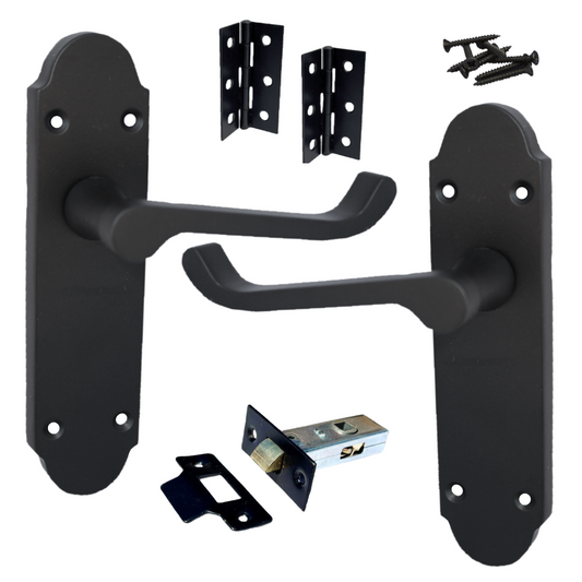 Epsom Door Handle Latch Victorian Scroll Lever - Matt Black Pack Hinges