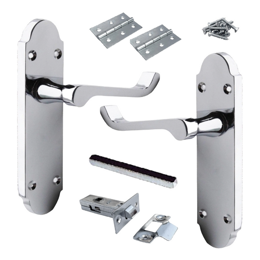 Epsom Door Handle Latch Victorian Scroll Lever - Chrome Pack Hinges