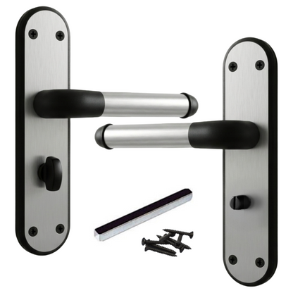 Marina Door Handle Two Tone Bathroom Lock Lever - Matt Black and Satin - Metal