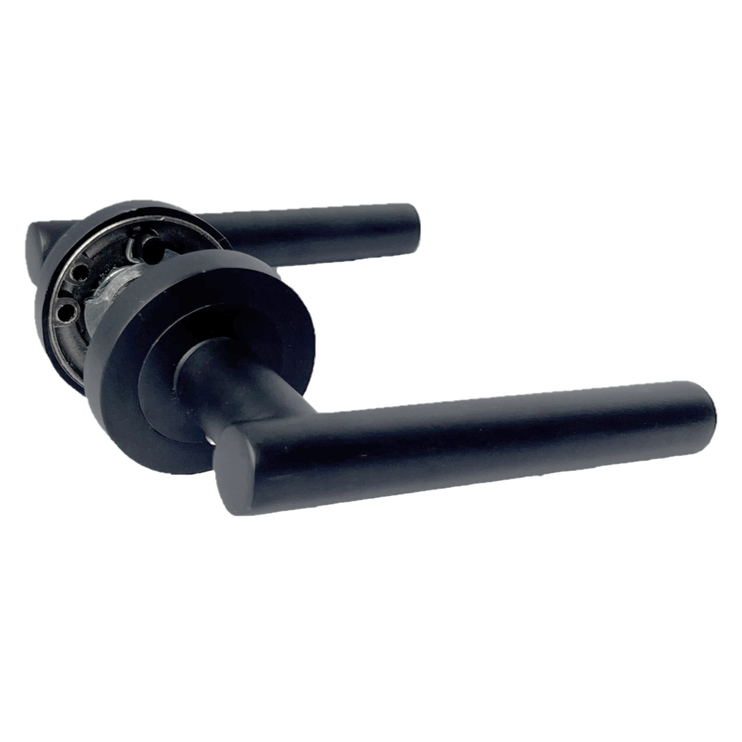 Door Handles Matt Black T Bar Lever on ROUND ROSE Door Pack inc Hinges & Latch