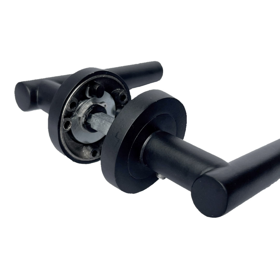 Door Handles Matt Black T Bar Lever on ROUND ROSE Door Pack inc Hinges & Latch