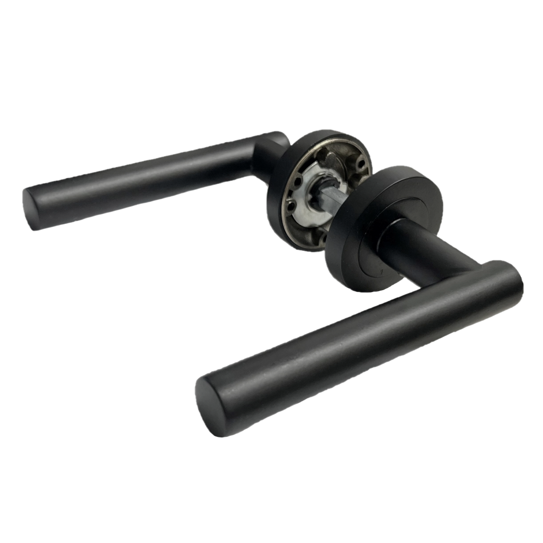 Door Handles Matt Black T Bar Lever on ROUND ROSE Door Pack inc Hinges & Latch