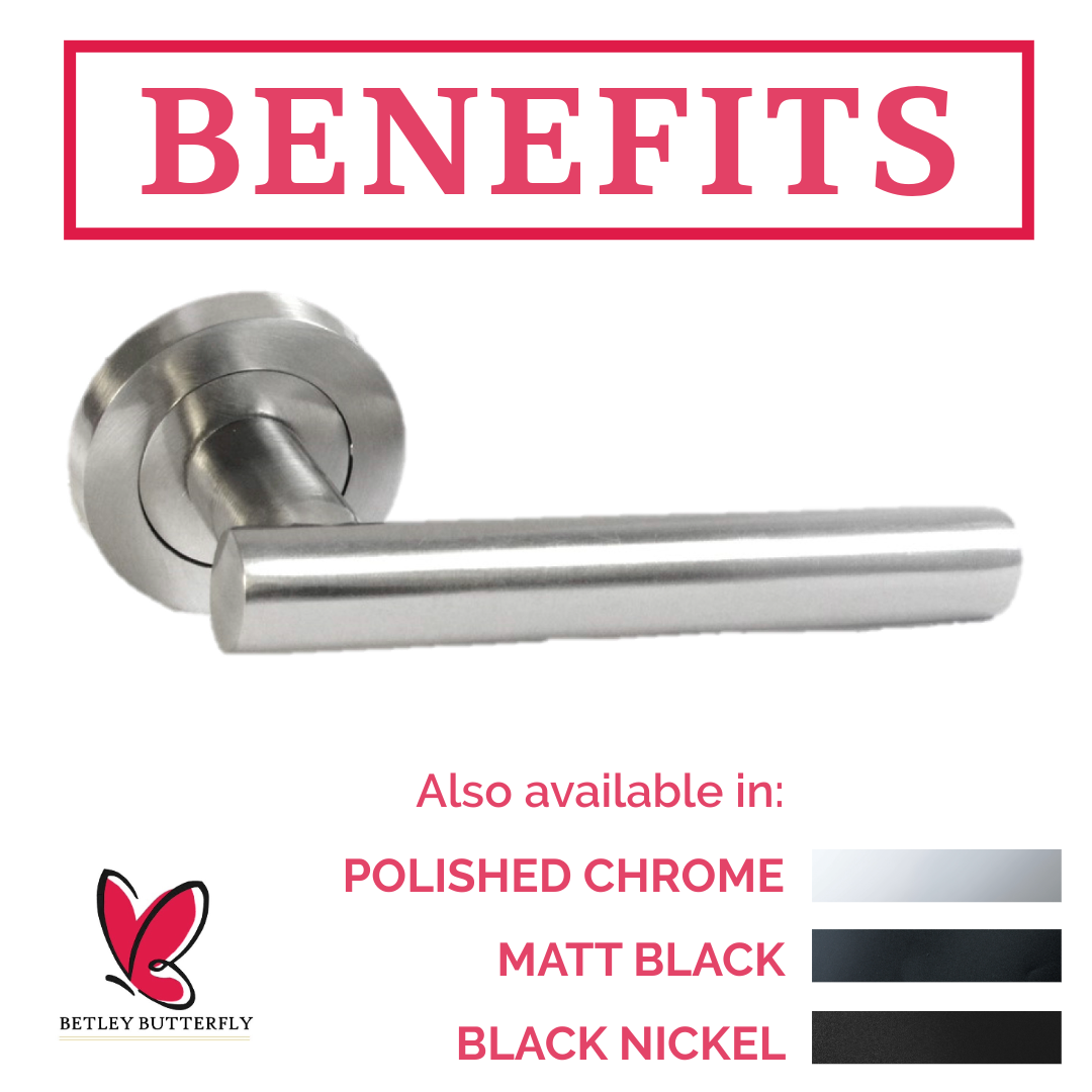 Door Handles T Bar Straight Lever on Rose Bath Thumb turn Lock & Hinges - Satin