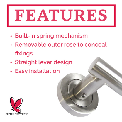 Door Handles T Bar Straight Lever on Rose Bath Thumb turn Lock & Hinges - Satin