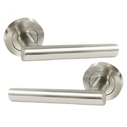 Door Handles T Bar Straight Lever on Rose Bath Thumb turn Lock & Hinges - Satin
