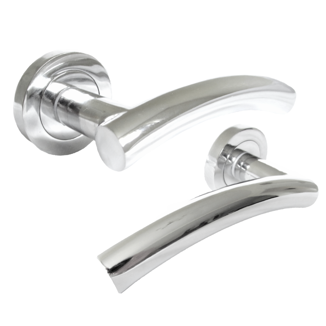 Arched Lever Door Handles on Round Rose Chrome 134mm Tubular Latch