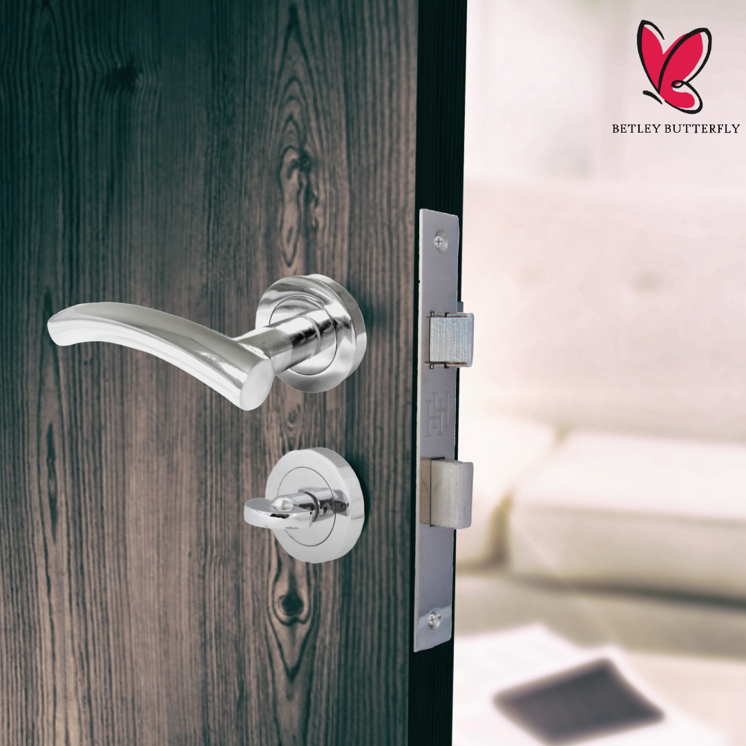 Arched Lever Door Handles on Round Rose Chrome 134mm Thumbturn Bathroom Lock