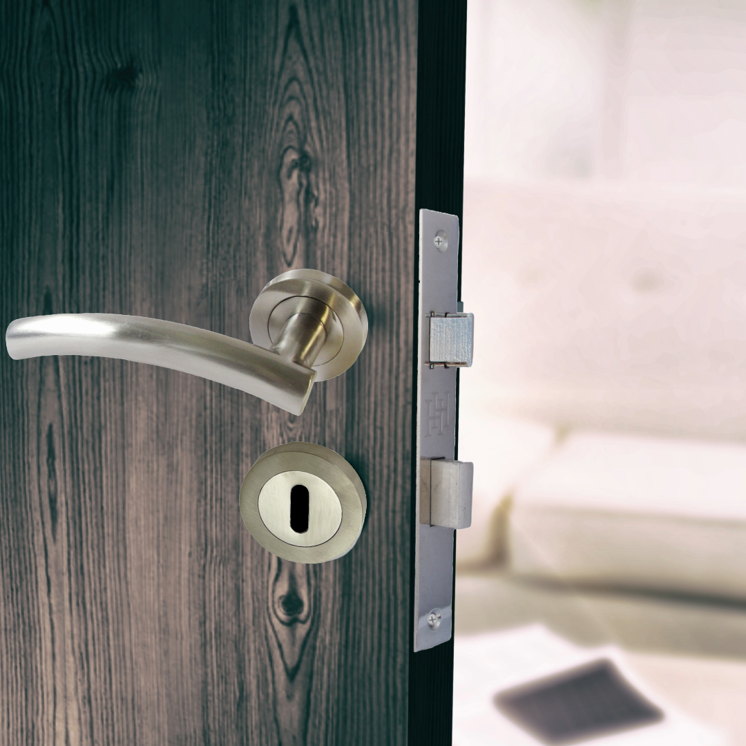 Arched Lever Door Handles on Round Rose Satin 134mm Escutcheon Lock and Keys