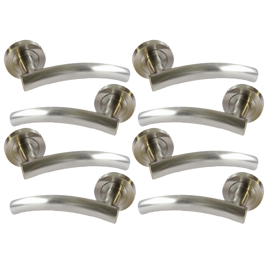 MULTIPACK Arched Lever Door Handles on Round Rose - Satin 134mm
