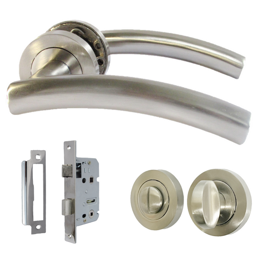 Arched Lever Door Handle on Rose SATIN Thumbturn Bathroom Lock