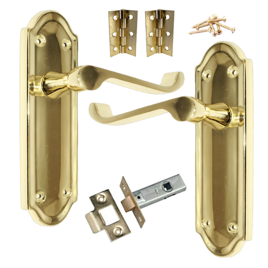 Loquet de porte Ashford à levier à volutes - Pack loquet et charnière en laiton poli