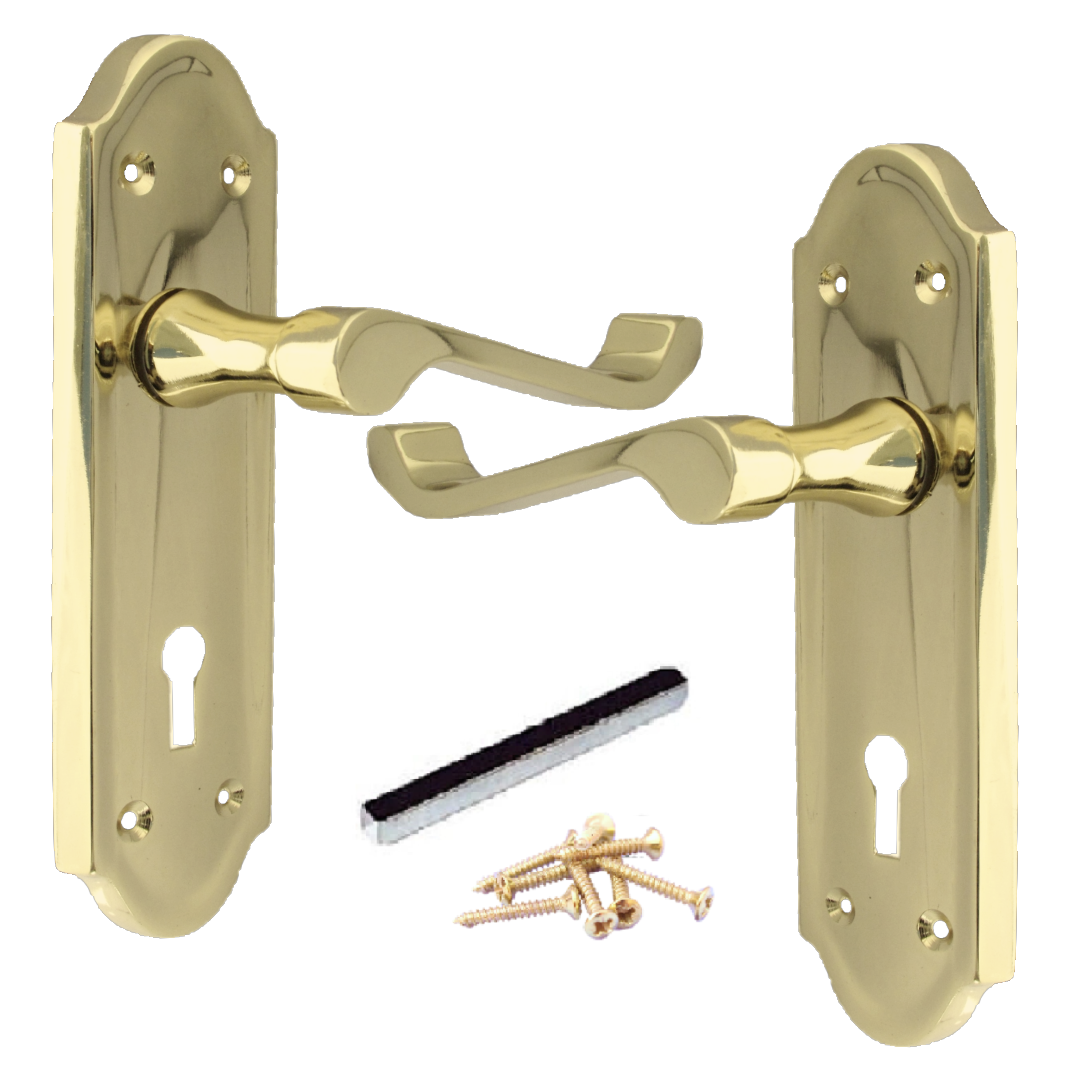 Poignées de porte Ashford multipack, serrure à clé, levier à défilement, laiton, 1/4/6 paires
