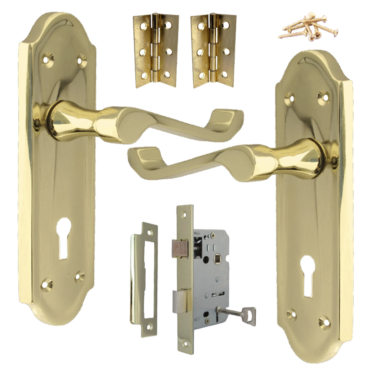 Marketplace JPG companion for Ashford Door Handle Key Lock Scroll Lever - Polished Brass Key Lock Hinge Pack