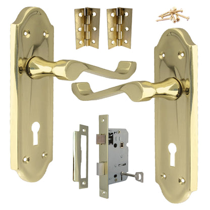 Marketplace JPG companion for Ashford Door Handle Key Lock Scroll Lever - Polished Brass Key Lock Hinge Pack