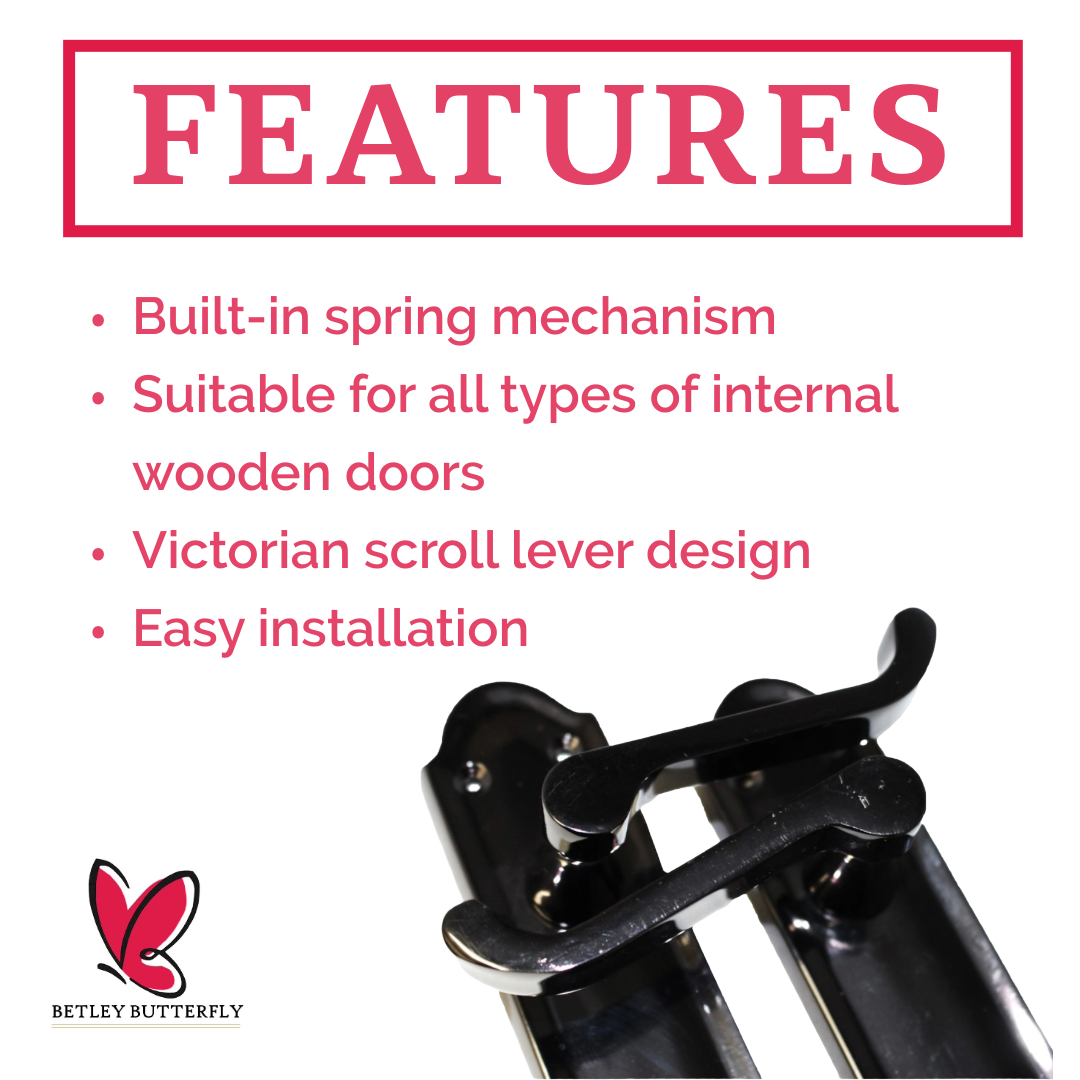 Ashford Door Handle Latch Scroll Lever - Black Nickel Latch & Hinge Pack