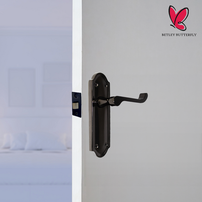 Ashford Door Handle Latch Scroll Lever - Black Nickel Latch & Hinge Pack